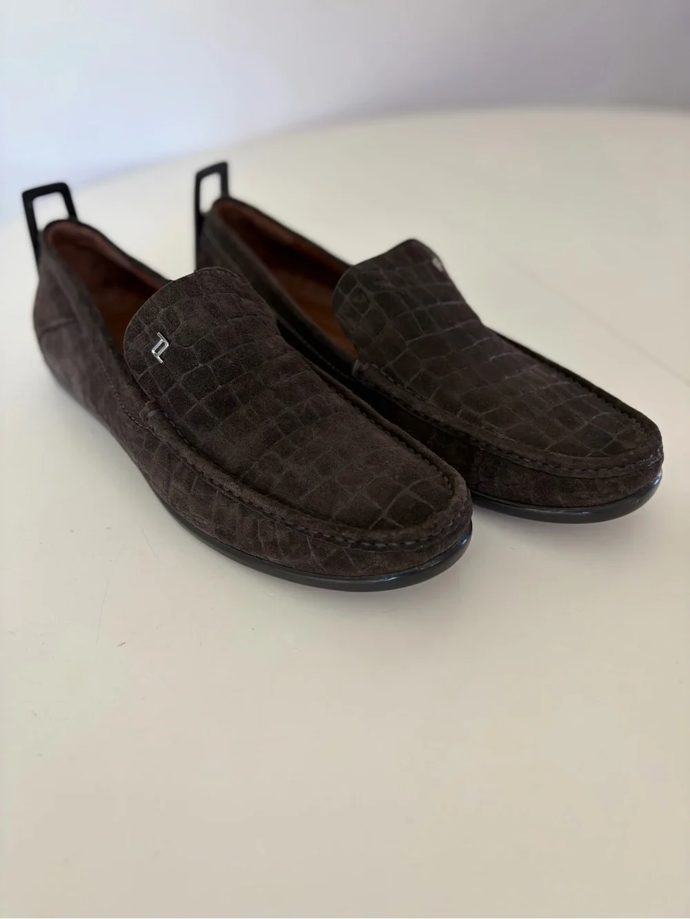 Porsche Design Beverly Hills Suede Croc Embossed Brown Moccasin Driving Loafers